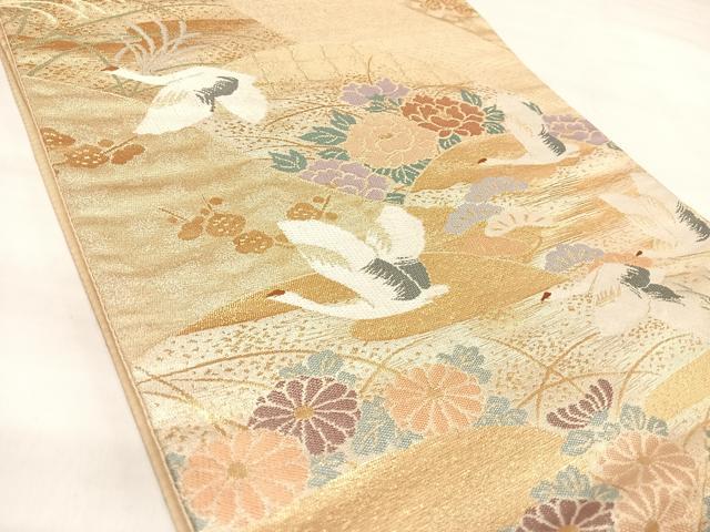 平和屋着物◎六通柄袋帯　唐織　飛鶴松梅草花文　金銀糸　正絹　逸品　AABL5697yx