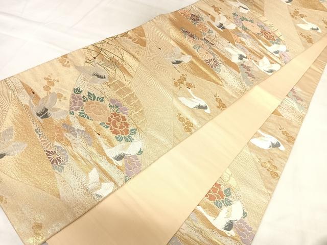 平和屋着物◎六通柄袋帯　唐織　飛鶴松梅草花文　金銀糸　正絹　逸品　AABL5697yx