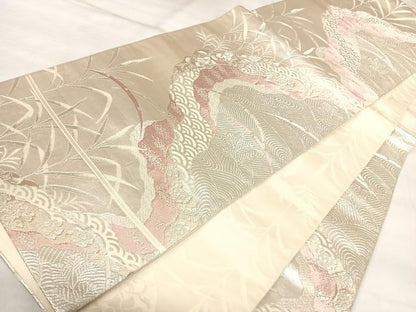 平和屋着物◎両面六通柄袋帯　道長花文　銀糸　正絹　逸品　AABL5705yx