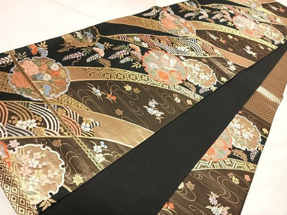 平和屋着物◎六通柄袋帯　唐織　雪輪花蝶文　黒地　金銀糸　正絹　逸品　AABL5707yx