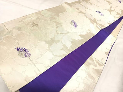 平和屋着物◎六通柄袋帯　唐織　草花文　銀糸　正絹　逸品　AABL5709yx