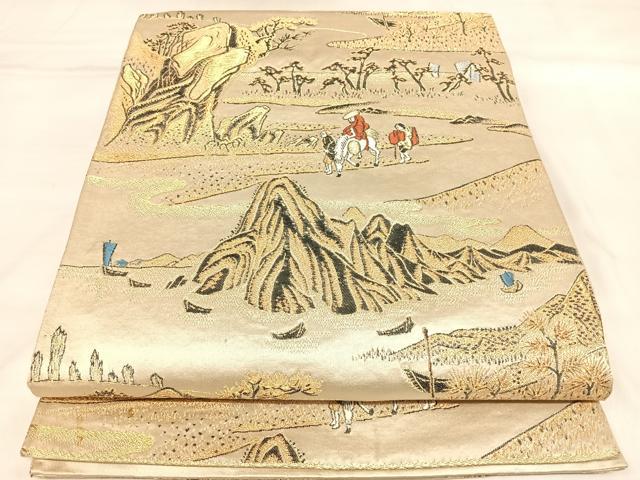 平和屋着物◎六通柄袋帯　唐織　遠山人物風景文　金糸　正絹　逸品　AABL5710yx