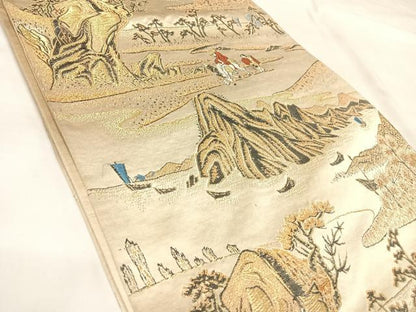 平和屋着物◎六通柄袋帯　唐織　遠山人物風景文　金糸　正絹　逸品　AABL5710yx