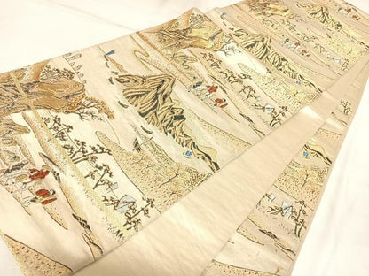 平和屋着物◎六通柄袋帯　唐織　遠山人物風景文　金糸　正絹　逸品　AABL5710yx