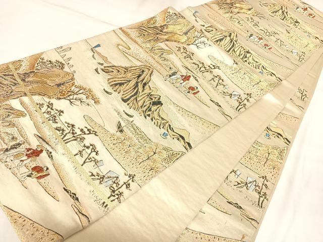 平和屋着物◎六通柄袋帯　唐織　遠山人物風景文　金糸　正絹　逸品　AABL5710yx
