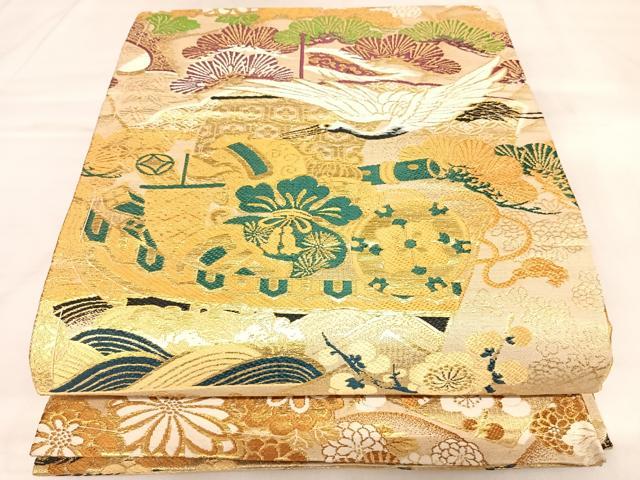 平和屋着物◎アンティーク　大正ロマン　丸帯　飛鶴花宝尽くし　金糸　正絹　逸品　AABL5712yx