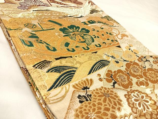 平和屋着物◎アンティーク　大正ロマン　丸帯　飛鶴花宝尽くし　金糸　正絹　逸品　AABL5712yx