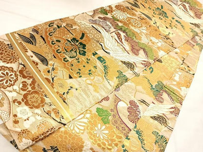 平和屋着物◎アンティーク　大正ロマン　丸帯　飛鶴花宝尽くし　金糸　正絹　逸品　AABL5712yx