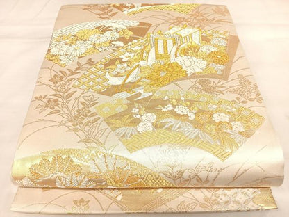 平和屋着物◎西陣　丸勇謹製　全通柄袋帯　美保姿苑　御所車松竹梅　金銀糸　証紙付き　正絹　逸品　AABL5713yx