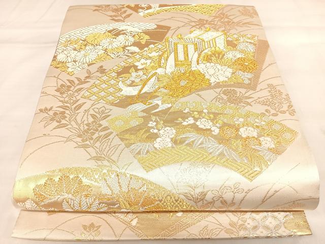 平和屋着物◎西陣　丸勇謹製　全通柄袋帯　美保姿苑　御所車松竹梅　金銀糸　証紙付き　正絹　逸品　AABL5713yx