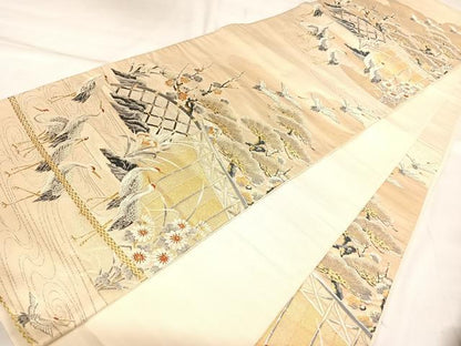 平和屋着物◎六通柄袋帯　唐織　群鶴花籬文　金銀糸　正絹　逸品　AABL5716yx