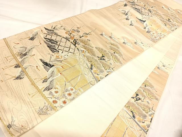 平和屋着物◎六通柄袋帯　唐織　群鶴花籬文　金銀糸　正絹　逸品　AABL5716yx