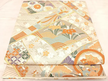 平和屋着物◎六通柄袋帯　唐織　地紙鳳凰花蝶文　金銀糸　正絹　逸品　AABL5719yx