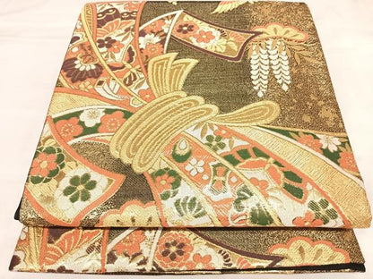 平和屋着物◎六通柄袋帯　束ね熨斗飛鶴花蝶宝尽くし文　金糸　正絹　逸品　AABL5731yx