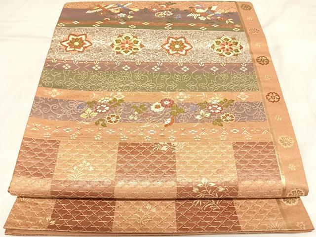 平和屋着物◎太鼓柄袋帯　唐織　横段花鳥文　金銀糸　正絹　逸品　AABL5736yx