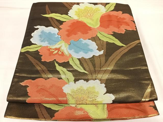 平和屋着物◎六通柄袋帯　草花文　金糸　正絹　逸品　AABL5744yx
