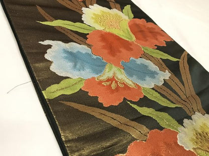 平和屋着物◎六通柄袋帯　草花文　金糸　正絹　逸品　AABL5744yx