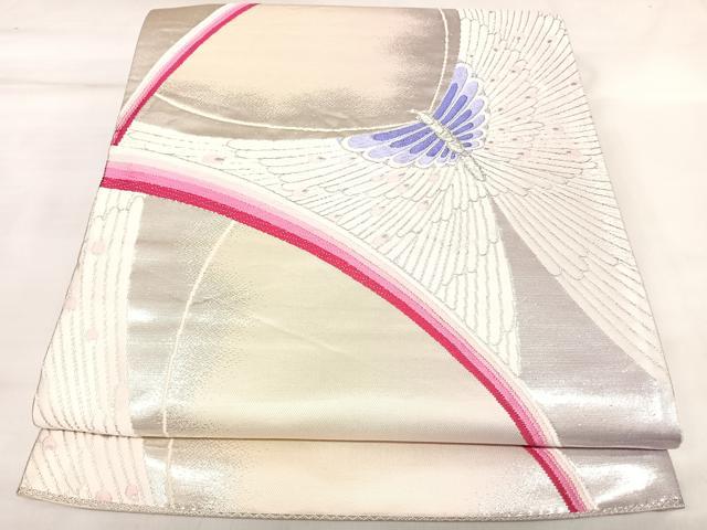 平和屋着物◎六通柄袋帯　唐織　花蝶文　銀糸　正絹　逸品　AABL5752yx