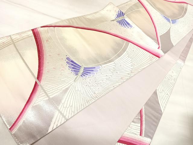 平和屋着物◎六通柄袋帯　唐織　花蝶文　銀糸　正絹　逸品　AABL5752yx