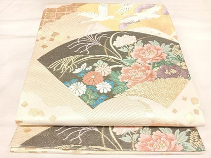 平和屋着物◎六通柄袋帯　唐織　地紙飛鶴花文　金糸　正絹　逸品　AABL5753yx