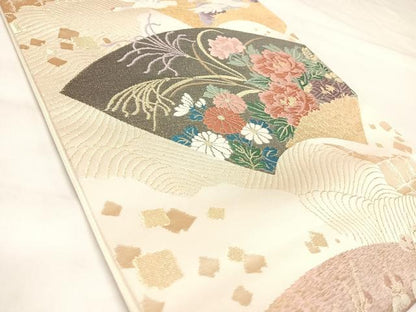平和屋着物◎六通柄袋帯　唐織　地紙飛鶴花文　金糸　正絹　逸品　AABL5753yx