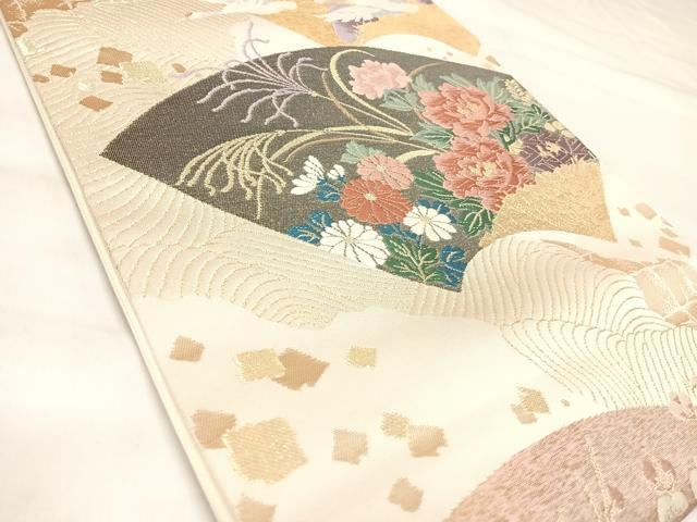 平和屋着物◎六通柄袋帯　唐織　地紙飛鶴花文　金糸　正絹　逸品　AABL5753yx