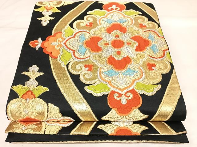 平和屋着物◎六通柄袋帯　唐織　立涌花文　黒地　金銀糸　正絹　逸品　AABL5755yx