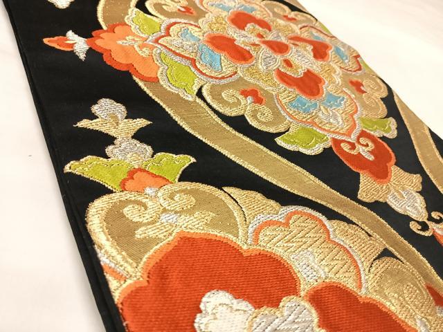 平和屋着物◎六通柄袋帯　唐織　立涌花文　黒地　金銀糸　正絹　逸品　AABL5755yx