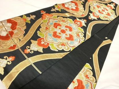 平和屋着物◎六通柄袋帯　唐織　立涌花文　黒地　金銀糸　正絹　逸品　AABL5755yx