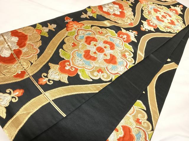 平和屋着物◎六通柄袋帯　唐織　立涌花文　黒地　金銀糸　正絹　逸品　AABL5755yx