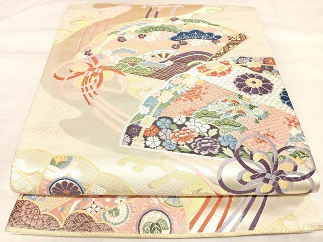 平和屋着物◎六通柄袋帯　唐織　古典錦　檜扇草花文　金銀糸　正絹　逸品　AABL5761yx