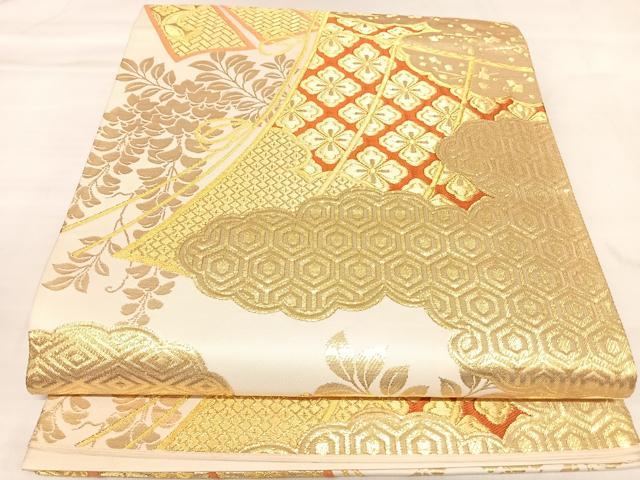 平和屋着物◎西陣　京の名門　じゅらく謹製　六通柄袋帯　唐織　雲取几帳花文　金糸　正絹　逸品　AABL5777yx