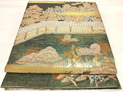 平和屋着物◎西陣　服部織物謹製　太鼓柄袋帯　石庭文様　金銀糸　引箔　正絹　逸品　AABL5780yx
