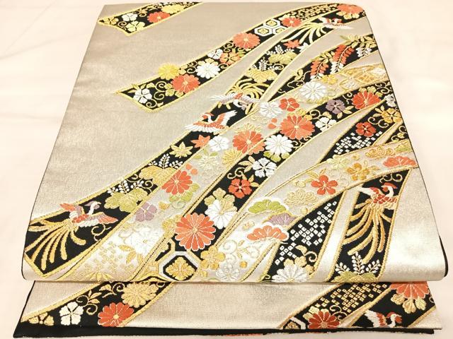 平和屋着物◎六通柄袋帯　唐織　熨斗花鳥文　金銀糸　正絹　逸品　AABL5782yx