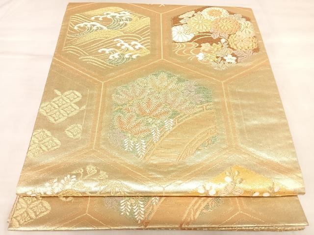 平和屋着物◎六通柄袋帯　唐織　亀甲花文　金糸　正絹　逸品　AABL5783yx