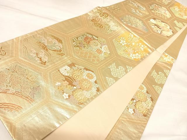 平和屋着物◎六通柄袋帯　唐織　亀甲花文　金糸　正絹　逸品　AABL5783yx