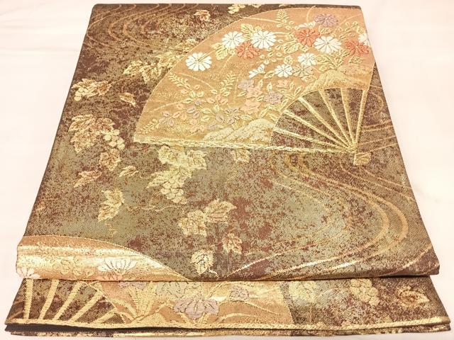 平和屋着物◎六通柄袋帯　唐織　花扇流水文様　金糸　引箔　正絹　逸品　AABL5787yx