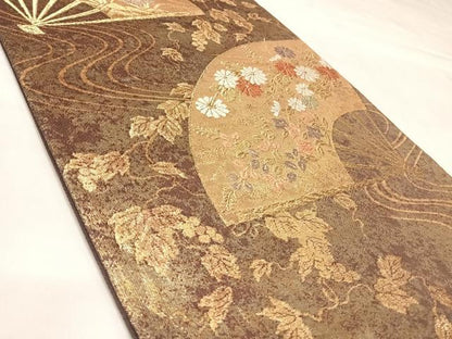 平和屋着物◎六通柄袋帯　唐織　花扇流水文様　金糸　引箔　正絹　逸品　AABL5787yx