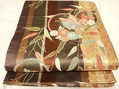 平和屋着物◎六通柄袋帯　唐織　花蝶丸文　金糸　正絹　逸品　AABL5790yx