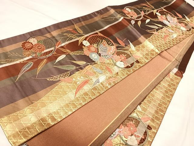 平和屋着物◎六通柄袋帯　唐織　花蝶丸文　金糸　正絹　逸品　AABL5790yx