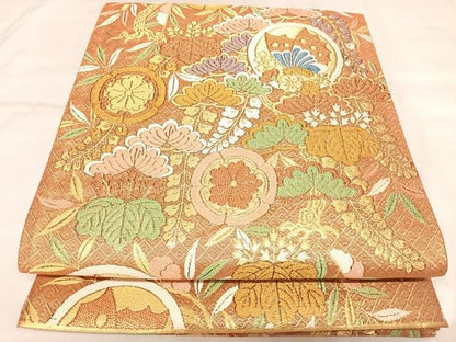 平和屋着物◎佐賀錦　六通柄袋帯　唐織　松　花蝶丸文　金糸　正絹　逸品　AABL5792yx