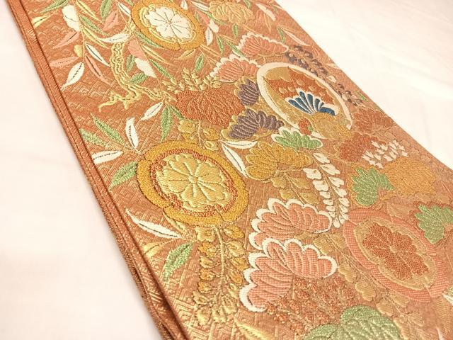 平和屋着物◎佐賀錦　六通柄袋帯　唐織　松　花蝶丸文　金糸　正絹　逸品　AABL5792yx
