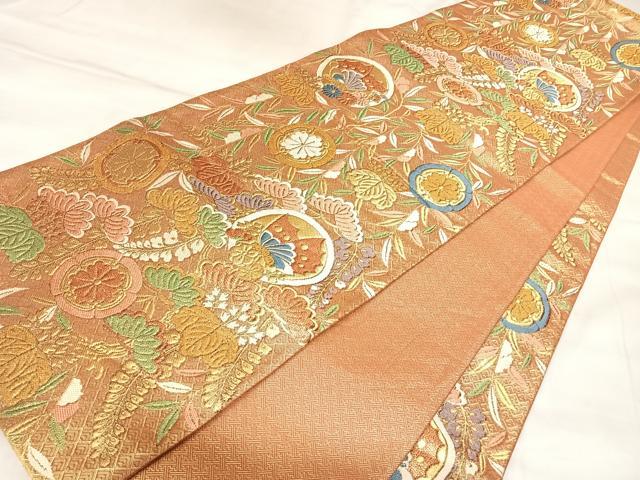 平和屋着物◎佐賀錦　六通柄袋帯　唐織　松　花蝶丸文　金糸　正絹　逸品　AABL5792yx