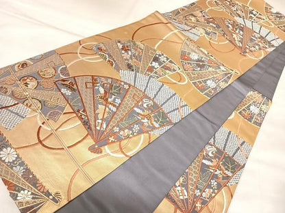 平和屋着物◎六通柄袋帯　唐織　扇面花鳥文　金銀彩　正絹　逸品　AABL5793yx