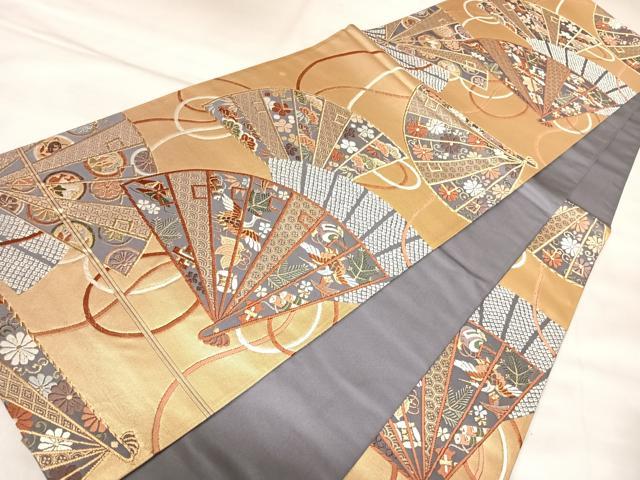 平和屋着物◎六通柄袋帯　唐織　扇面花鳥文　金銀彩　正絹　逸品　AABL5793yx