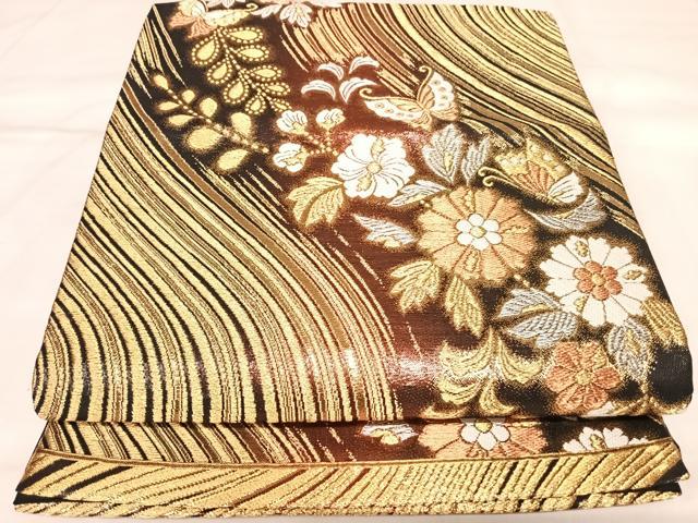 平和屋着物◎六通柄袋帯　唐織　流水花蝶文　金銀糸　正絹　逸品　AABL5794yx