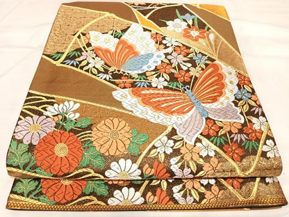 平和屋着物◎六通柄袋帯　唐織　花蝶文　金糸　正絹　逸品　AABL5795yx