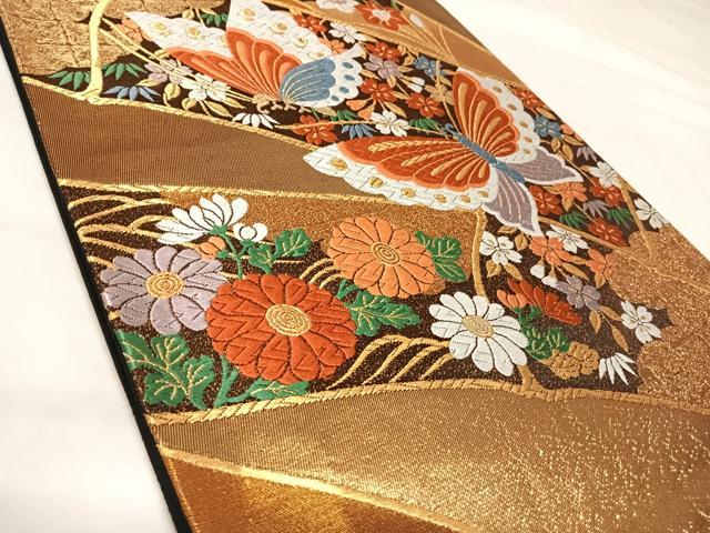 平和屋着物◎六通柄袋帯　唐織　花蝶文　金糸　正絹　逸品　AABL5795yx
