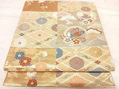 平和屋着物◎六通柄袋帯　唐織　花蝶格子　金銀糸　正絹　逸品　AABL5797yx