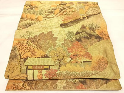 平和屋着物◎山喜織物謹製　萬葉　紹巴　全通柄袋帯　人物風景文　鳥獣戯画　正絹　逸品　AABL5798yx